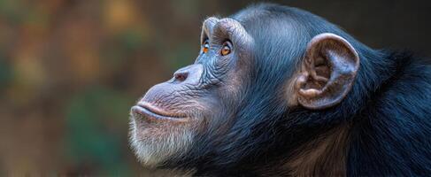 The contemplative chimpanzee gazes thoughtfully into the distance. photo