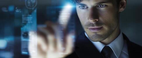 The professional businessman interacting with a futuristic digital interface. photo