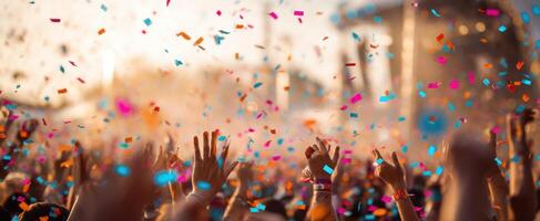 The vibrant celebration filled with joyful hands and colorful confetti. photo