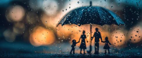 The family sharing moments under the umbrella in the rain at twilight. photo