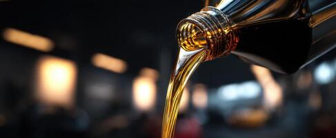 The pouring of golden oil from a bottle in an automotive workshop. photo