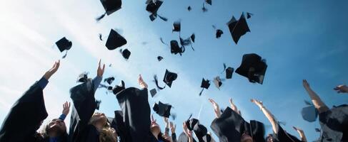 The joyous celebration of graduates throwing their caps into the blue sky. photo