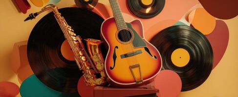 The harmonious blend of guitar and saxophone with vibrant vinyl records. photo