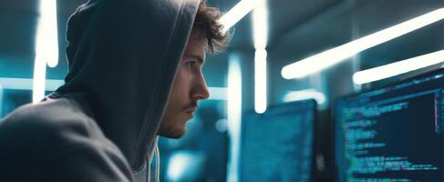 The focused coder immersed in a digital workspace at night. photo