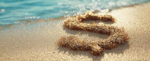 The dollar symbol made of grass on a sandy beach near the ocean photo