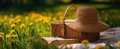 The cozy picnic setup featuring a straw hat and an open book. photo