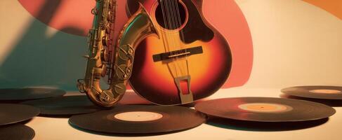 The Vintage Saxophone and Guitar Creating Timeless Musical Harmony. photo