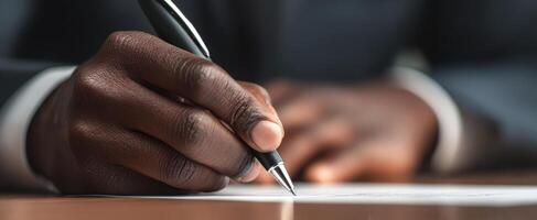 The elegant hand holding a pen writing on a document at a desk photo