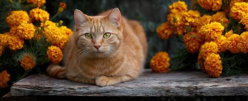 The orange cat resting among vibrant marigold flowers in a peaceful garden setting. photo