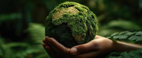 The hand holding a green, moss-covered globe symbolizing environmental care. photo