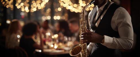 The saxophonist performing under warm twinkling lights in an upscale restaurant setting. photo