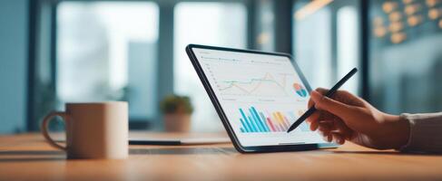 The tablet displaying analytical data and charts in a modern workspace. photo