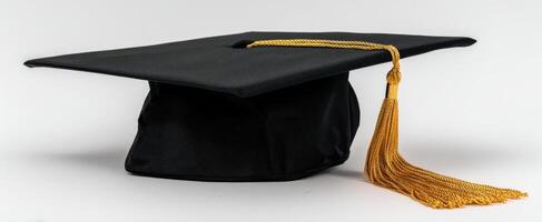 The classic black graduation cap with a golden tassel against a clean backdrop. photo