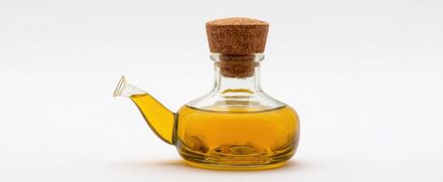 The elegant glass bottle filled with golden olive oil on a white background. photo