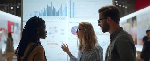 The team engages in a data-driven discussion in a modern office environment. photo