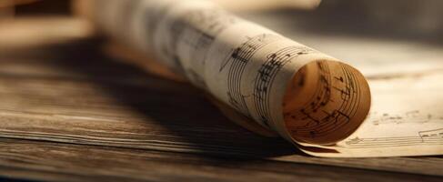 The vintage music scroll resting elegantly on a rustic wooden table photo
