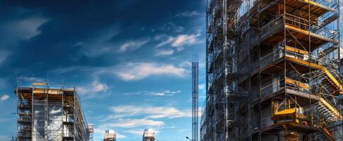 The bustling construction site showcasing intricate scaffolding against a clear sky. photo