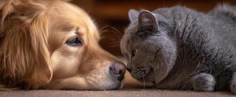 The heartwarming connection between a dog and cat in close-up. photo