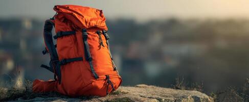 The vibrant orange backpack resting on a rocky ledge during sunset. photo