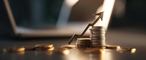 The coins stacked with an upward arrow indicating growth and success in finance. photo
