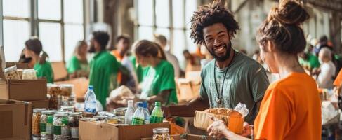 The joyful volunteers working together in a community food bank event. photo