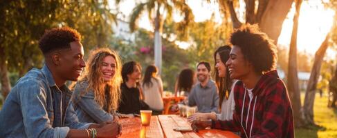 The vibrant gathering of friends enjoying a sunny day in nature. photo