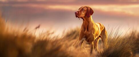 The majestic dog standing in a field at sunset against a stunning landscape. photo