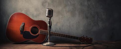 The acoustic guitar and microphone creating a stunning musical atmosphere. photo