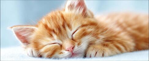 The adorable orange kitten peacefully sleeping on a soft surface. photo