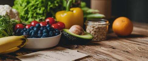 The vibrant assortment of fresh fruits and vegetables on a wooden table. photo