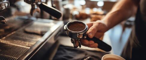The barista preparing espresso with a portafilter in a cozy caf setting. photo