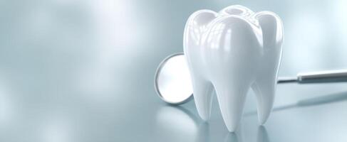 The white tooth alongside a dental mirror on a serene background. photo