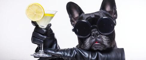 The stylish French bulldog enjoying a cocktail with a quirky flair photo