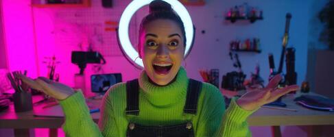 The cheerful woman expressing excitement in a colorful creative studio. photo