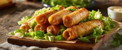 The deliciously crispy taquitos served on a wooden board with fresh lettuce. photo
