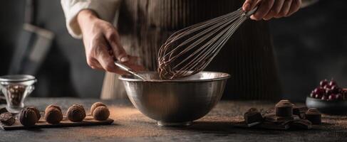 The art of chocolate making in a cozy kitchen environment. photo