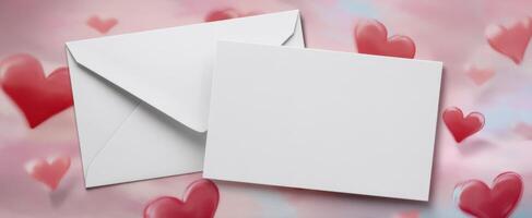 The blank card and envelope surrounded by floating hearts for love messages. photo