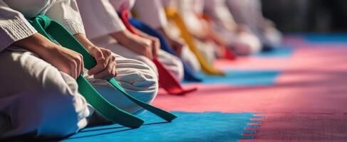The students demonstrate discipline during martial arts training with colorful belts. photo