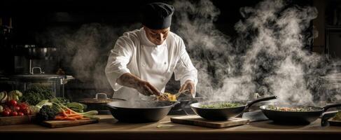 The chef skillfully prepares delicious gourmet dishes in a professional kitchen setting. photo
