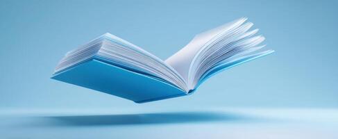The floating book showcasing open pages against a serene blue background. photo