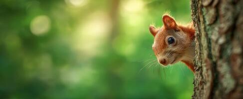 The curious squirrel peeking from behind a tree in lush greenery. photo