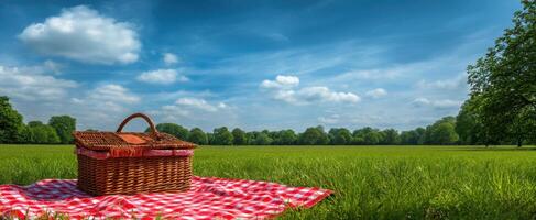 The picnic basket resting on a blanket in a serene green field. photo