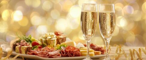 The elegant display of champagne glasses and gourmet appetizers for a celebration. photo
