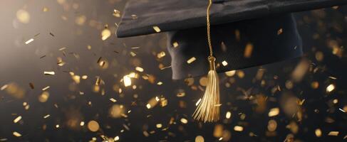 The graduation cap surrounded by shimmering confetti in celebration. photo