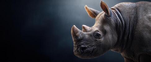The majestic rhinoceros captured in a striking profile against a dark backdrop. photo