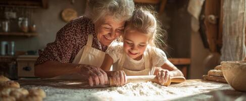 The joyful baking experience between grandmother and granddaughter in a cozy kitchen photo