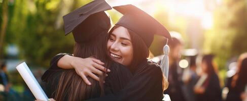 The joyful graduates celebrating their achievement with heartfelt hugs and smiles. photo