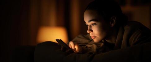 The woman using her phone in a cozy, softly lit indoor setting. photo