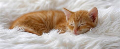 The adorable orange kitten peacefully sleeping on a fluffy white blanket. photo