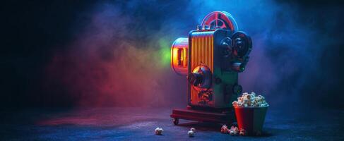 The vintage film projector with popcorn creating a nostalgic cinema atmosphere. photo